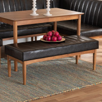 Baxton Studio BBT8051.12-Dark BrownWalnut-Bench Baxton Studio Daymond Mid-Century Modern Dark Brown Faux Leather Upholstered and Walnut Brown Finished Wood Dining Bench